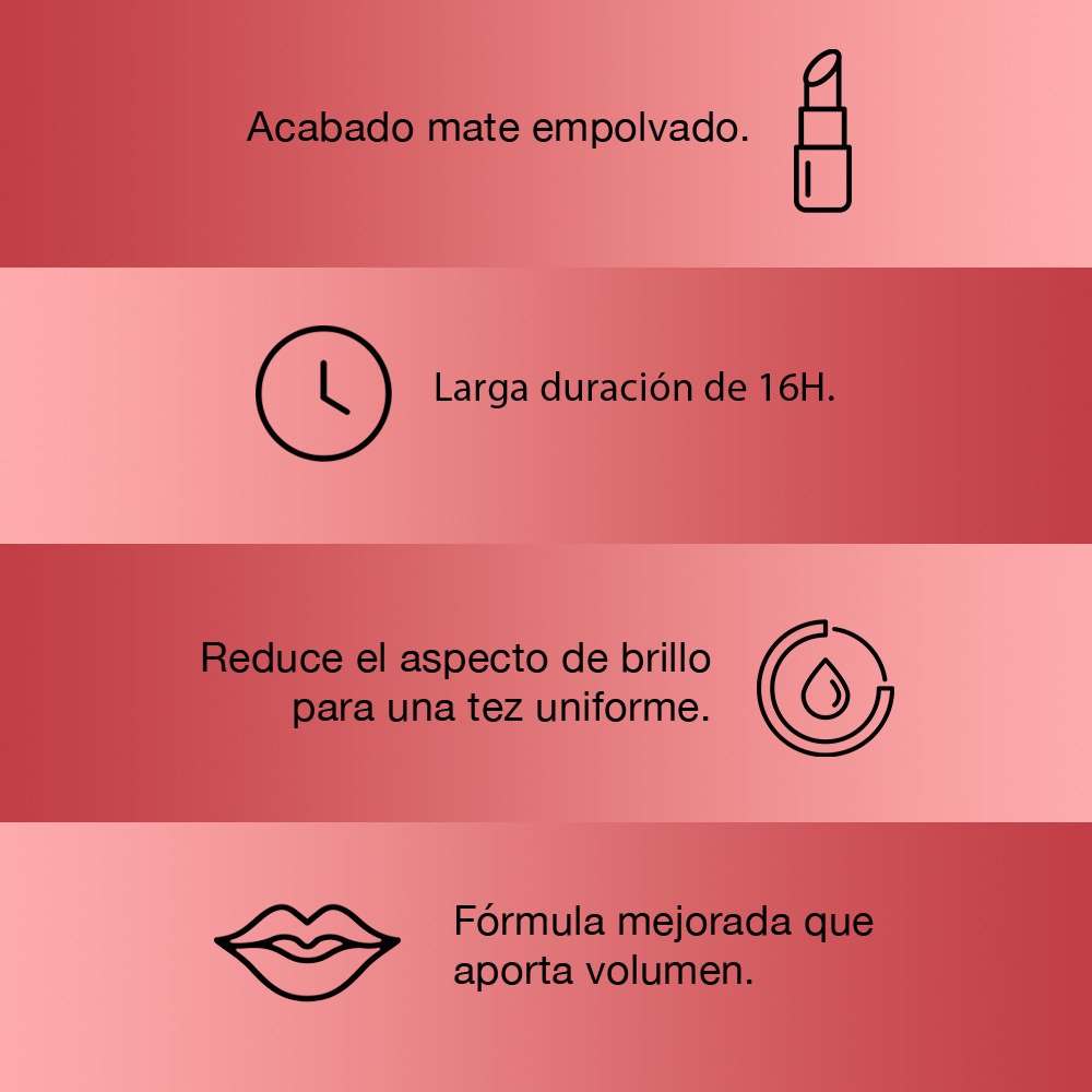 Acabado mate empolvado, larga duración de 16 horas, reduce el impacto de brillo para una tez uniforme. Fórmula mejorada que aporta volumen. Colombia.